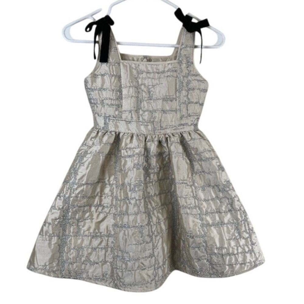 A Loves A Girl cream & silver metallic holiday party dress.